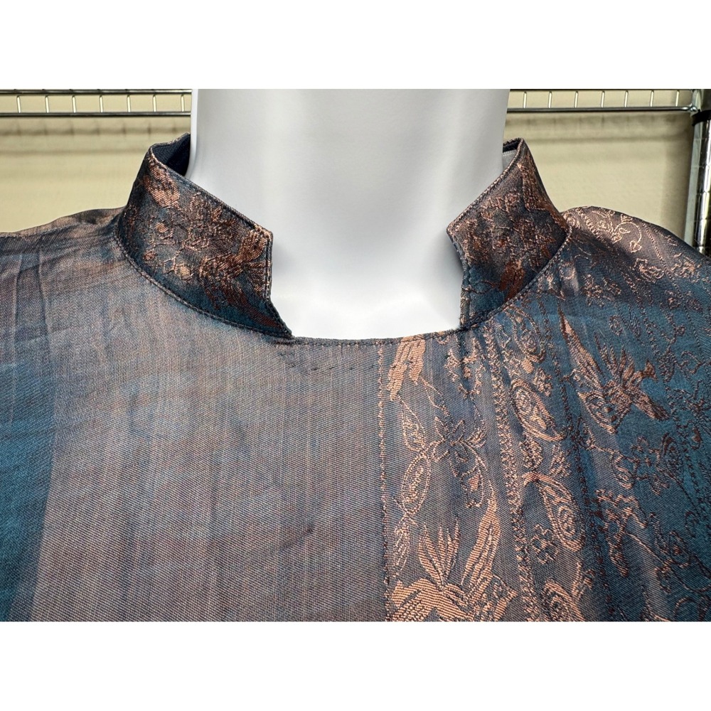 KENLY SILK Blue Bronze Brocade Vietnamese Ao Dai Maxi Dress L Frog Buttons Luxe - Picture 11 of 12